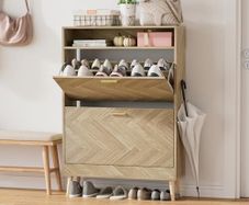 Shoe Storage Cabinet, Narrow Shoes Cupboard with 2 Flip Drawers and Open Compartment, Hidden Wood Shoe Rack with Adjustable Shelves Freestanding for 10-12 Pairs Shoes, 80 x 24 x 115 cm