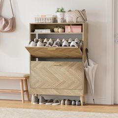 Shoe Storage Cabinet, Narrow Shoes Cupboard with 2 Flip Drawers and Open Compartment, Hidden Wood Shoe Rack with Adjustable Shelves Freestanding for 10-12 Pairs Shoes, 80 x 24 x 115 cm