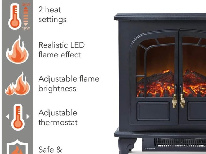 Wingham Log Effect Stove Fire with Realistic LED Flame Effect, Adjustable Thermostat, 2000W (FREE POSTAGE)