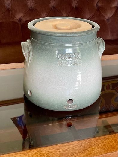 Handcrafted Kiltrea Bridge Pottery Stoneware Onion Crock Smooth Sage Green Glaze Embossed Onion Crock