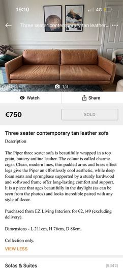 Three seater contemporary tan leather sofa