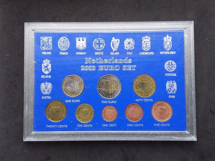 Netherlands 2003 Euro Coin Set - Complete 8-Coin Brilliant Uncirculated (BU) Set In Display Case