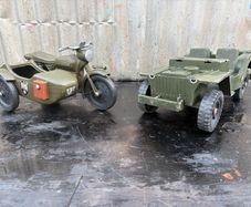 vintage Cherilea action man German motorcycle and sidecar plus battle worn Jeep