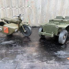 vintage Cherilea action man German motorcycle and sidecar plus battle worn Jeep