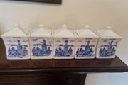 blue and white spice jars