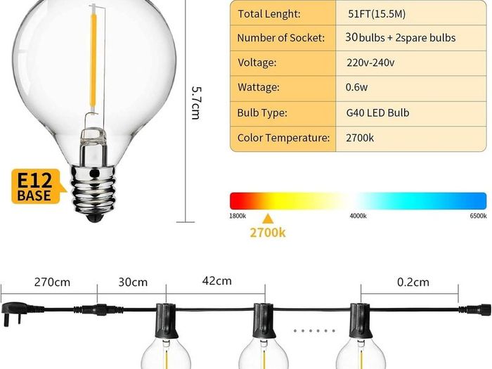 LED Outdoor String Lights with Plastic Bulbs, AVANLO Upgrade 50FT Garden Patio String Lights Outdoor Festoon Lights with 30+2 E12 Bulbs for Indoor & Outdoor Decor Wedding Patio Cafe Party