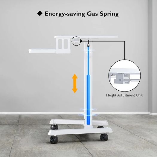65 by 45cm Mobile Computer Workstation, Height Adjustable Laptop Stand 72 by 112cm, Portable Desk on Wheels, Compact White Study Desk, Movable Side Table, Small Standing Desk, Office Workstation