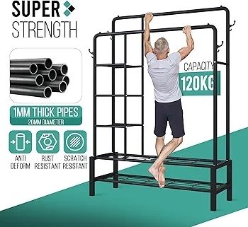 Heavy Duty Clothes Rail, 120KG Black Metal Rack With Double Hanging Clothing Rail, Shoe Rack, Storage Shelves & 4 Coat Hooks, Wardrobe Clothes Rails For Bedroom Office Shop