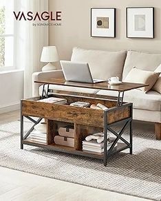 Living Room Table with Lift Top, Coffee Table, Hidden Compartment and Open Compartments, Steel Frame, 50 x 100 x (46.5-62) cm, Vintage Brown and Black