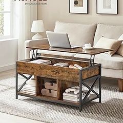 Living Room Table with Lift Top, Coffee Table, Hidden Compartment and Open Compartments, Steel Frame, 50 x 100 x (46.5-62) cm, Vintage Brown and Black
