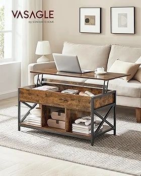 Living Room Table with Lift Top, Coffee Table, Hidden Compartment and Open Compartments, Steel Frame, 50 x 100 x (46.5-62) cm, Vintage Brown and Black