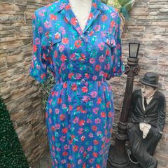 Vintage French blue floral shirt dress