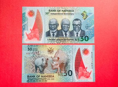 Namibia  30 Dollars  2020  Pick 18. Polymer / Plastic .  ( Uncirculated )