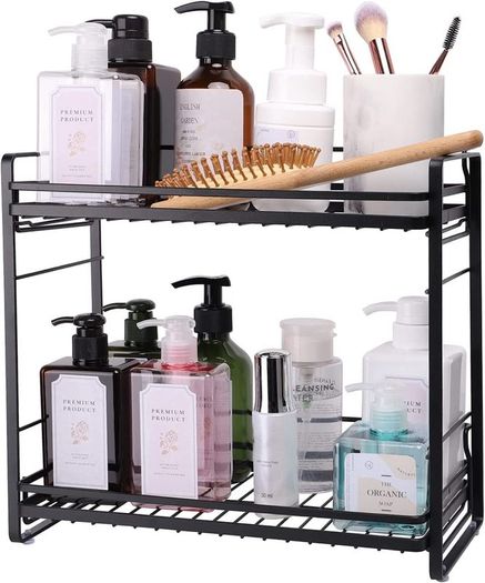 Bathroom Organizer Countertop, Metal 2-tier Bathroom Storage Shelves Tray Shower Caddy Kitchen Shelf for Bathroom Kitchen Office Organization, Black