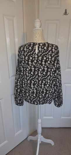 Primark Black White Floral Boho Blouse UK 14 Long Sleeve Top