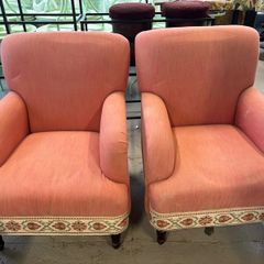 Pair of Upholstered Armchairs Salmon Blush Pink Hotel Lounge Chairs