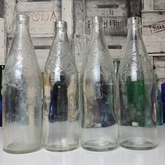 301 - Set of 4 Vintage Floral Decorative Collectible Clear Glass Tall Big Bottles