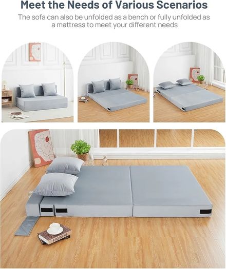 4-in-1 Folding Sofa Bed Double, Fold Out Sofa Couch with Velvet Cover & 2 Cushions, Floor Mattress Lounger for Living Room, Comfy Foldable Sofa Chair Bed, Removable Cover, Washable(135 190CM)