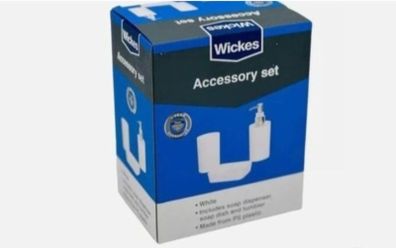 Brand New Wickes Accessory Set - Soap Dispenser, Soap Dish, Tumbler - Colour - White - RRP - 12.99