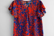 Pre Owned Cobalt Blue &amp; Orange Abstract Print Flutter Sleeve Top
