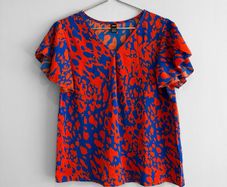 Pre Owned Cobalt Blue & Orange Abstract Print Flutter Sleeve Top