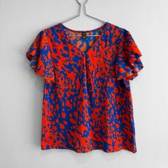 Pre Owned Cobalt Blue & Orange Abstract Print Flutter Sleeve Top
