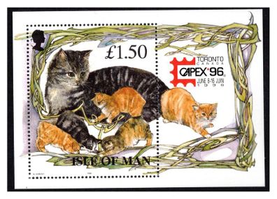 1996 Isle of Man Manx Cats (cats with kittens) for Capex Stamp Exhibition 96 Commemorative Stamp Miniature Sheet Mint Never Hinged (MNH)