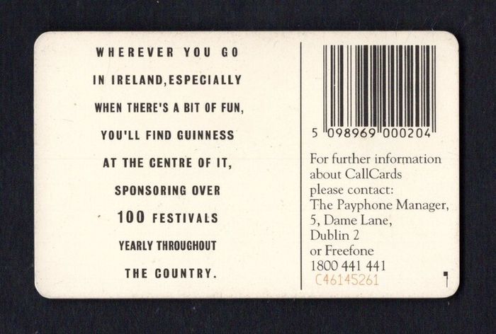 1994 Ireland 20 unit Guinness Summer Festivals (Schlumberger SC7) Callcard Used. Telecom Eireann card number 1065.