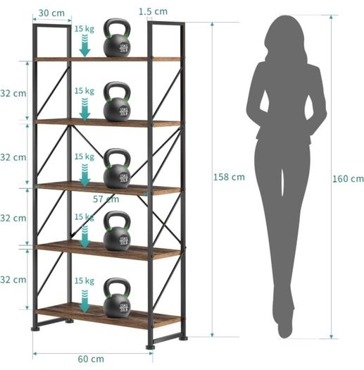 Bookcase 5 Tiers, Floor Standing Book Shelf, Wooden Shelf and Metal Frame Book Rack, Display Storage Rack Shelving Units for Living Room, Home Office - Rustic Brown Bookshelf MULTIPLE COLOURS AVAILABLE (FREE POSTAGE)