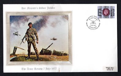 1977 Great Britain Illustrated large Cover celebrating The Army Review during Her Majesty's Silver Jubilee tying 9p Commemorative stamp.