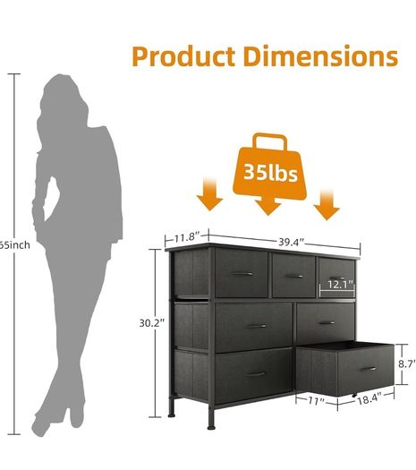 Chest of Drawers for Bedroom with 7 Drawers, Fabric Storage Drawer, Tall Black Hallway Storage Unit