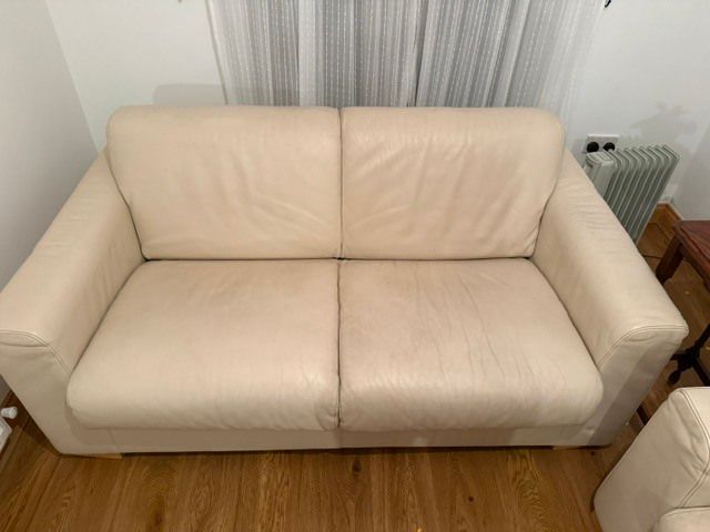 2 Seater White Leather Sofa Bed, Fold-Out Mattres and Armchair