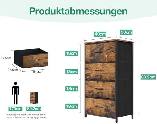 Narrow Chest of Drawers with 4 Drawers, Small Chest of Drawers with Fabric Drawer, Sturdy Steel Frame, Wooden Top, Suitable for Bedroom and Living Room, Retro