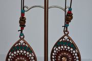 Antique Copper Filigree Iridescent Crystals &amp; Turquoise Loop Hoop Earrings