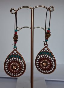 Antique Copper Filigree Iridescent Crystals & Turquoise Loop Hoop Earrings