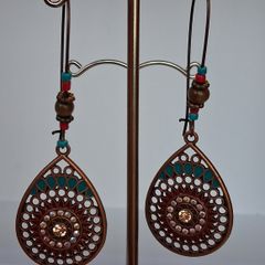 Antique Copper Filigree Iridescent Crystals & Turquoise Loop Hoop Earrings