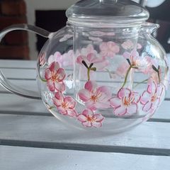 Brand New Glass Tea Pot with hand painted flowers on it