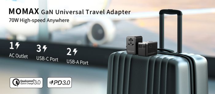 MOMAX Universal Travel Adapter,70W GaN Travel Plug Adapter with UK/EU/AU/US Plugs, 3USB-C PD & 2USB-A QC International Adapter Charger, Adapter Plug for Laptops Tablets Phones Vision Pro 1-World