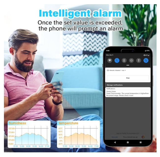GAOEEIN Smart WiFi Thermometer Hygrometer, Wireless Indoor Outdoor Temperature and Humidity Sensor with Remote App Notification Alarm with Alexa Google Home (4 Pack)