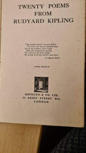 Twenty Poems From Rudyard Kipling. Published  By Methuen & Co. Ltd. London. Soft Cover. In Good Condition.