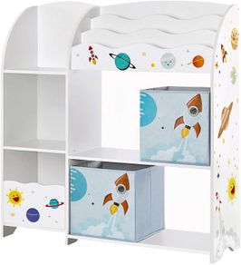 _Children's Room Shelf, Toy Organiser, Bookcase for Children, Multifunctional Shelf with 2 Storage Boxes, Outer Space Stickers for Kids Bedroom, White