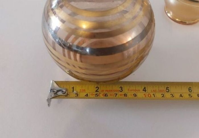 Fabulous Vintage Retro Mid-Century-Modern Small Pale Pink Glass Decanter with Gold and Silver Gilt Banding Plus Five Liqueur Glasses, Irice, Czechoslovakia