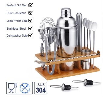 14Pcs/Set Cocktail Shaker Mixer Stainless Steel Bartender Bamboo Bartending Wine Rack Stand For Home Bar Party 550/750ML