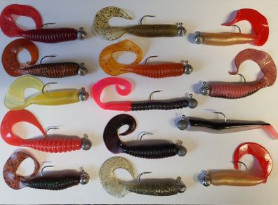 No#11 - New - Set of 14pcs mix colour soft lures 8,5-9cm on jig heads 4/0 and 8g - Pike Perch Trout Salmon Bass Cod Pollock
