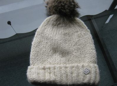 River Island Cream Woollen Hat with Fur Tassel