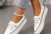 Size 35 uk2 Sporty Slip On Shoes For Women, Contrast Binding Design Lace-up Front Sneakers