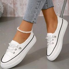 Size 35 uk2 Sporty Slip On Shoes For Women, Contrast Binding Design Lace-up Front Sneakers