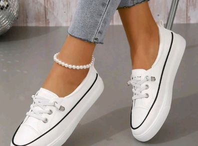 Size 35 uk2 Sporty Slip On Shoes For Women, Contrast Binding Design Lace-up Front Sneakers