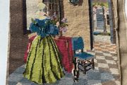 Vintage Penelope / Needlepoint Tapestry Design No. 3922) depicting a interior genre scene of a woman in a blue bodice and yellow skirt arranging flowers by a table.