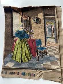 Vintage Penelope / Needlepoint Tapestry Design No. 3922) depicting a interior genre scene of a woman in a blue bodice and yellow skirt arranging flowers by a table.